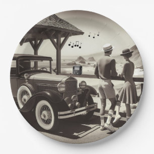 1930 Vintage Car Scene Paper Napkins Plate