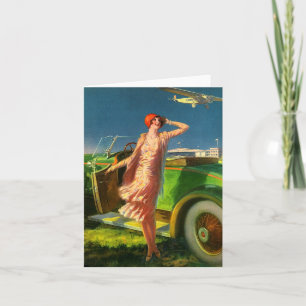 1930 woman car and aeroplane note card