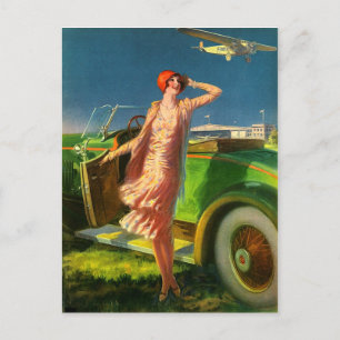 1930 woman car and aeroplane postcard