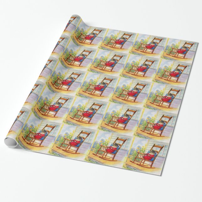 1930s adorable kitten napping on porch rocker wrapping paper (Unrolled)