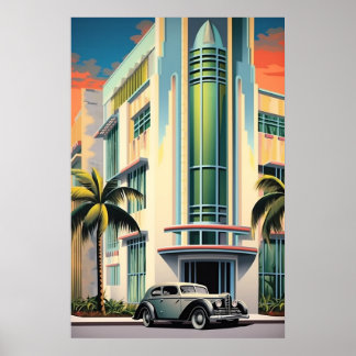 1930s art deco building entrance airbrush art poster