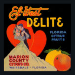 1930s art deco El-West Delite Florida Citrus Fruit Poster<br><div class="desc">Nothing says ‘citrus’ like a couple dancing in front of two huge red hearts. The image comes from a recent estate buy, the original owner of which was a fellow who was a BIG collector of old fruit and vegetable crate labels - we’re talking dozens and dozens of them. Note...</div>