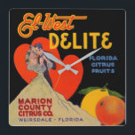 1930s art deco El-West Delite Florida Citrus Fruit Square Wall Clock<br><div class="desc">Nothing says 'citrus' like a couple dancing in front of two huge red hearts. The image comes from a recent estate buy, the original owner of which was a fellow who was a BIG collector of old fruit and vegetable crate labels - we’re talking dozens and dozens of them. Note...</div>