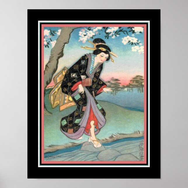 1930s Art Deco "Geisha Crossing a Stream" Poster (Front)