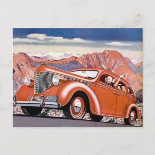 1930's Blonde in a Red Motor Car  Postcard (Front)