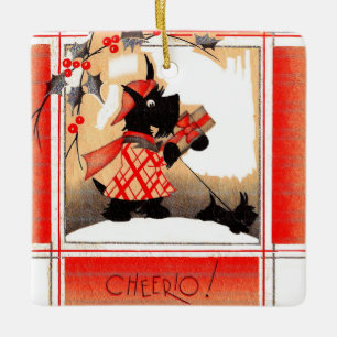 1930s Christmas Scottie dog says ‘Cheerio’ Ceramic Ornament