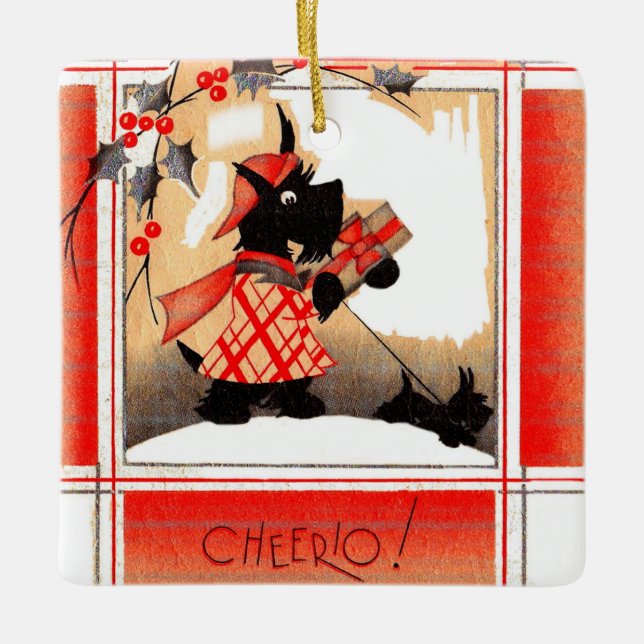 1930s Christmas Scottie dog says ‘Cheerio’ Ceramic Ornament (Front)