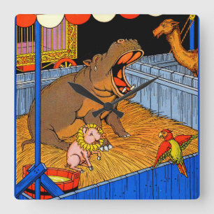 1930s crying hippopotamus and friends square wall clock