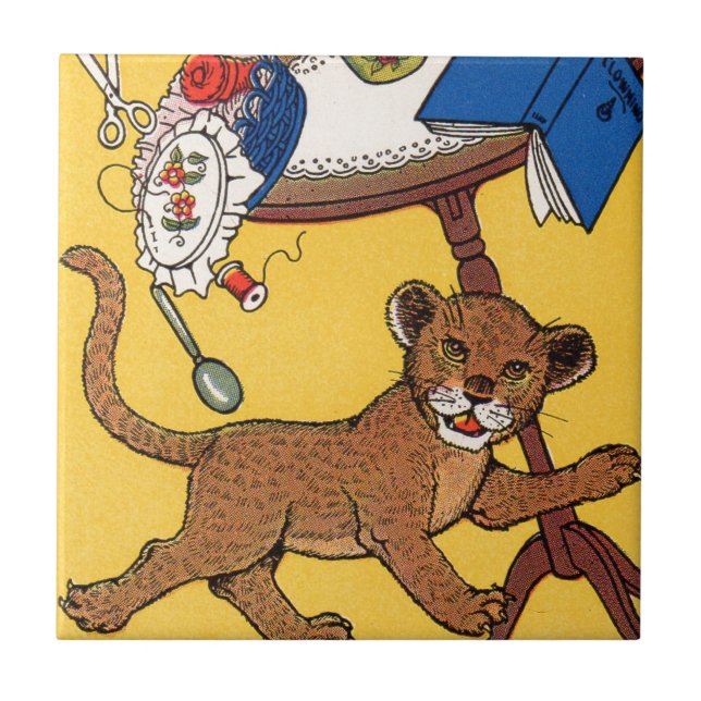 1930s cute and careless little leopard cub ceramic tile (Front)