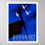 1930s Era Art Deco Aviation Poster<br><div class="desc">DUBONNET. Blue, black, white and red illustrated print in a maroon mat advertising tonic wine. Blue background with black silhouette of a plane’s nose and propeller in forefront and three white, almost silhouetted planes in distance. Full text: "DUBONNET" lettered in sans-serif, outlined three-dimensional font with the background visible through the...</div>