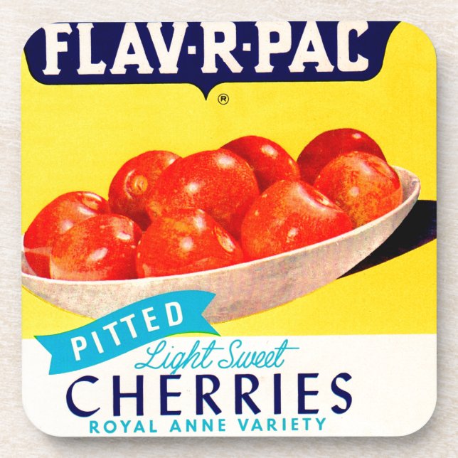 1930s Flav-R-Pac pitted cherries label Coaster (Front)