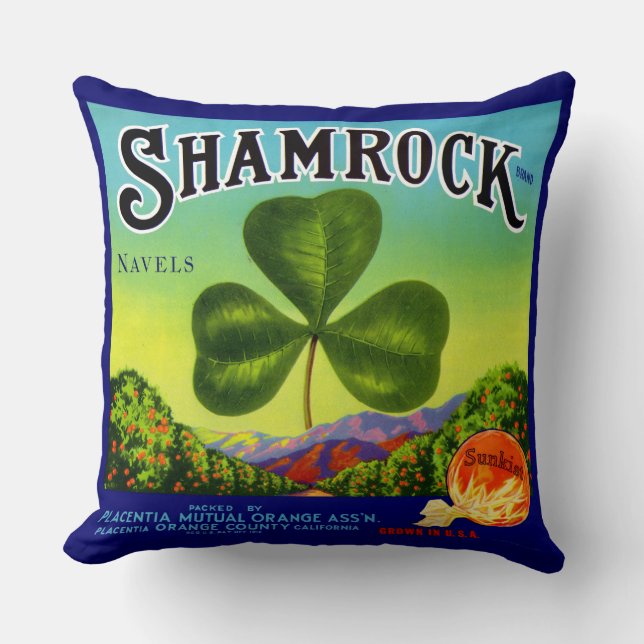 1930s fruit crate label Shamrock Navel Oranges Cushion (Front)