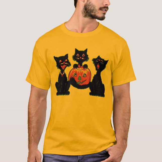 1930s Halloween Black Cats With Jack O'Lantern T-Shirt (Front)