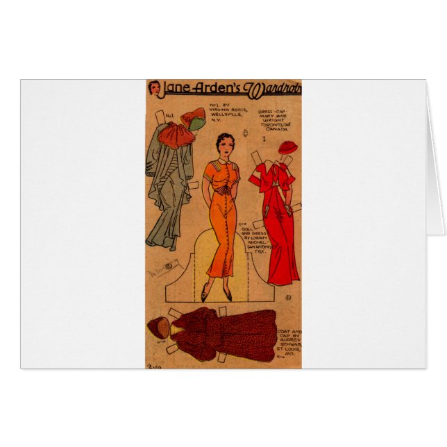 1930s Jane Arden paper doll blue dress red dress (Front Horizontal)