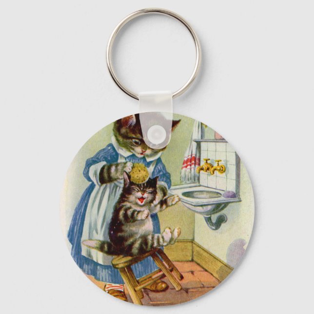 1930s kitty cat mama washes her kitten key ring (Front)