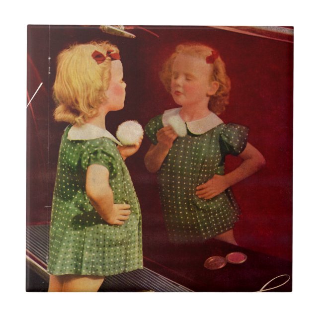 1930s little girl looking in the mirror ceramic tile (Front)