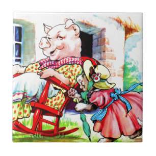 1930s mama kitty and baby kitty visit pig ceramic tile