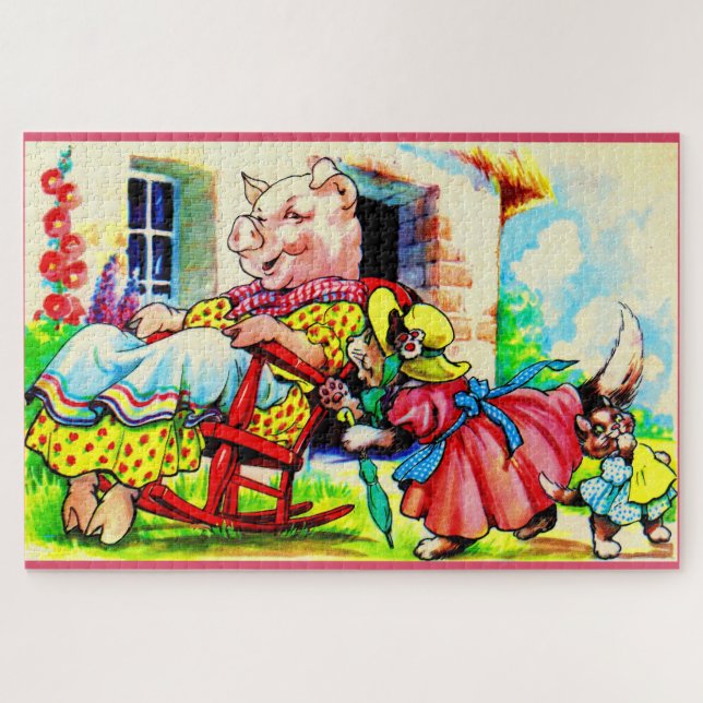 1930s mama kitty and baby kitty visit pig jigsaw puzzle (Horizontal)
