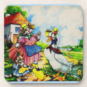 1930s mama kitty cat and baby kitty visit ducks coaster