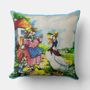 1930s mama kitty cat and baby kitty visit ducks cushion