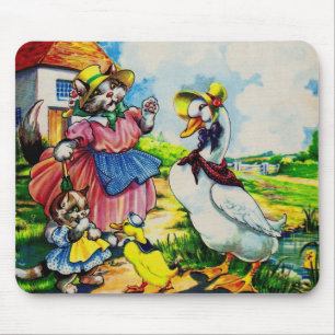 1930s mama kitty cat and baby kitty visit ducks mouse pad