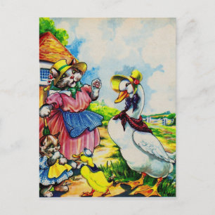 1930s mama kitty cat and baby kitty visit ducks postcard