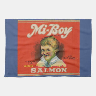 1930s Mi-Boy pink salmon can label Tea Towel
