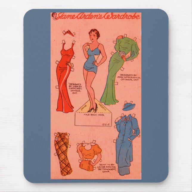 1930s paper doll Jane Arden red dress green dress Mouse Pad (Front)