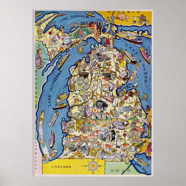 1930's Pictorial Michigan Map Poster (Front)