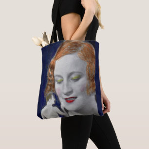 1930s redhead woman and her teeny tiny husband tote bag