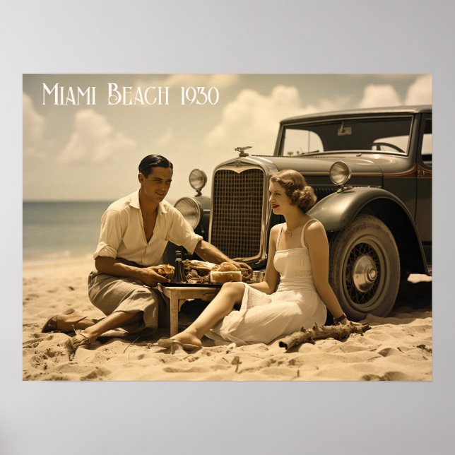 1930s retro picnic on the beach by a roadster poster (Front)