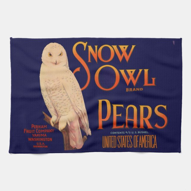 1930s Snow Owl brand pears fruit crate label print Tea Towel (Horizontal)