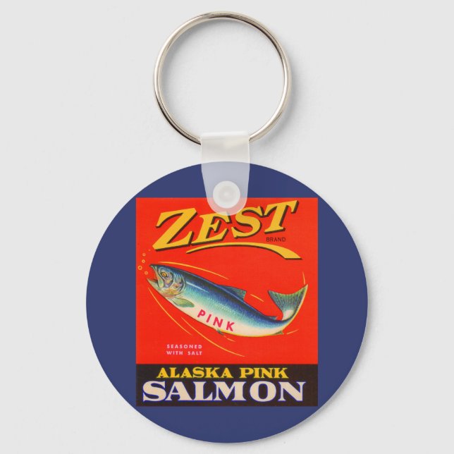 1930s Zest pink salmon can label Key Ring (Front)