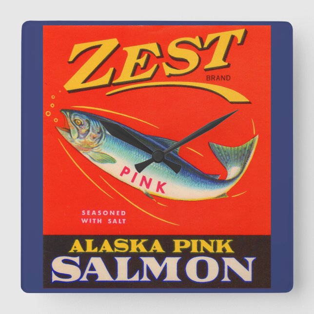 1930s Zest pink salmon can label Square Wall Clock (Front)