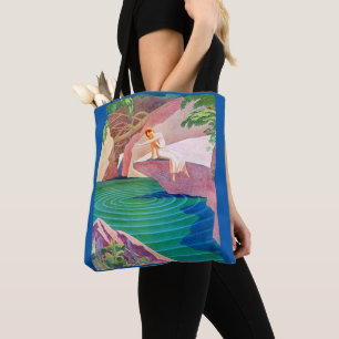 1931 art deco woman by a pond print tote bag