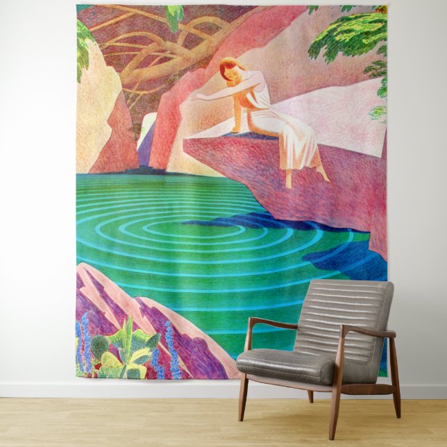 1931 art deco woman by a pond tapestry (In Situ)