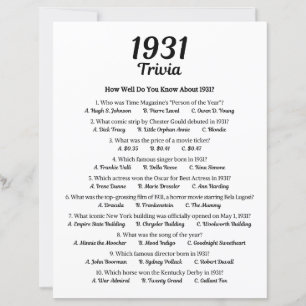 1931 Trivia Game   94th Birthday Party Game