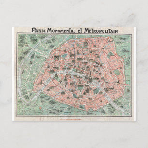 1932 Art Deco Map of Paris, France Postcard