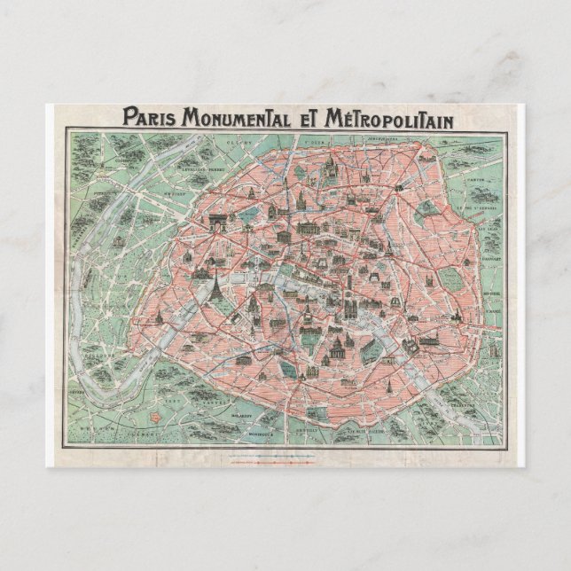 1932 Art Deco Map of Paris, France Postcard (Front)