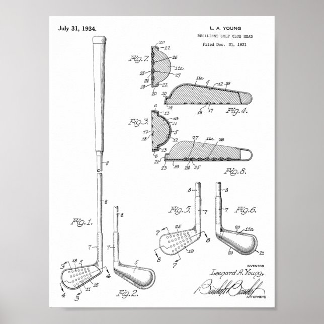 1934 Golf Club Head Patent Art Drawing Print (Front)
