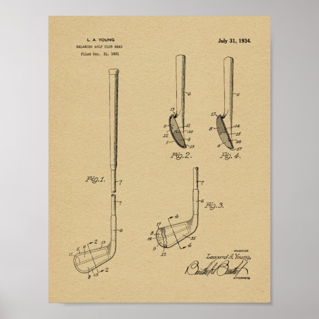 1934 Golf Club Head Patent Art Drawing Print (Front)