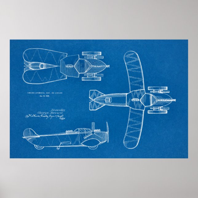 1935 Flying Car Boat Aeroplane Patent Drawing Prin Poster (Front)