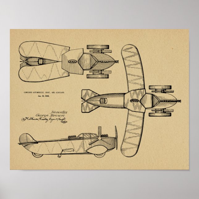 1935 Flying Car Boat Aeroplane Patent Drawing Prin Poster (Front)