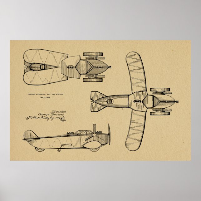 1935 Flying Car Boat Aeroplane Patent Drawing Prin Poster (Front)