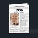 1936 Newspaper Birthday card 90th birthday<br><div class="desc">Say happy birthday to someone born in 1936 with this unique Newspaper style birthday card, including a photo of the recipient and a collection of fun facts and world news from the year of their birth. Designed to resemble a vintage newspaper in classic black and white style. A cute and...</div>
