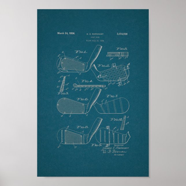 1936 Vintage Golf Club Patent Blueprint Art Print (Front)