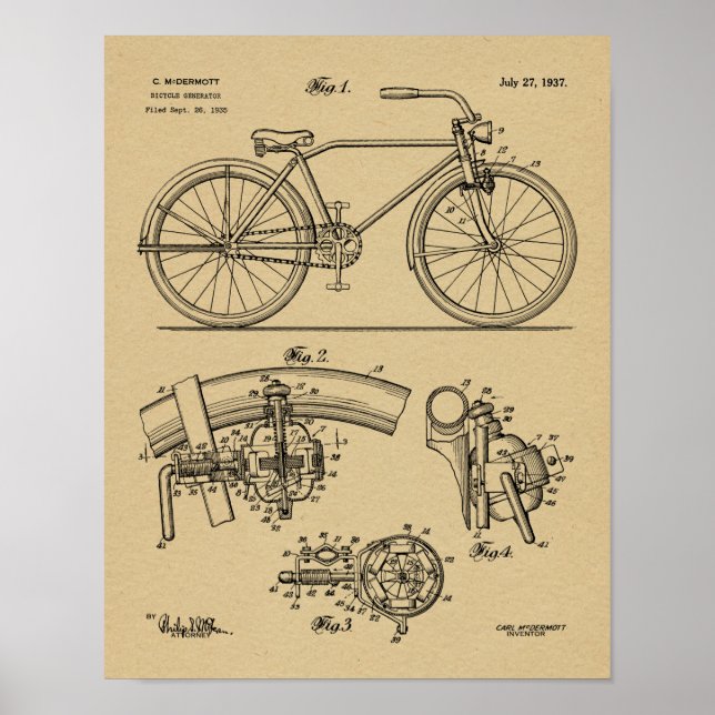 1937 Bicycle Generator Design Patent Art Print (Front)
