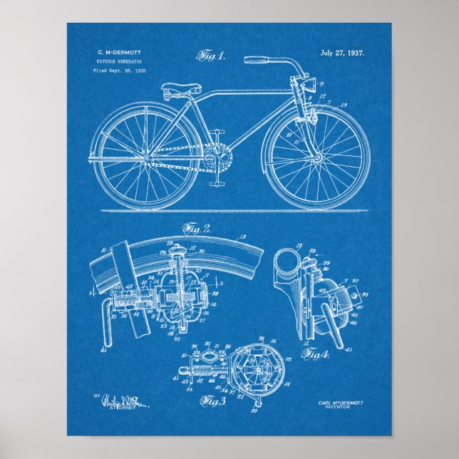 1937 Bicycle Generator Design Patent Art Print (Front)
