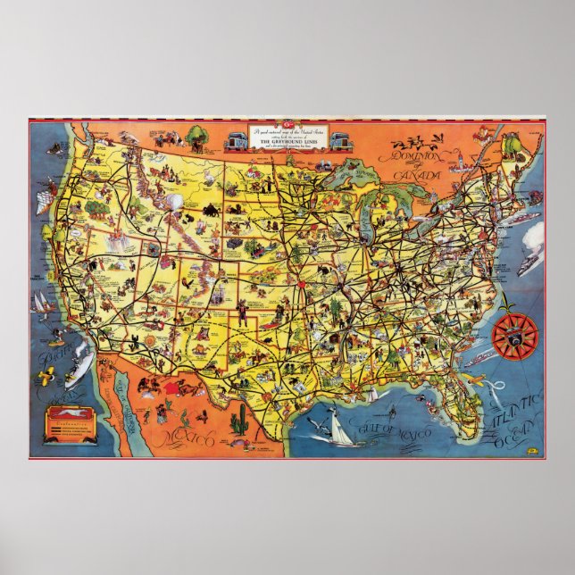1937 Greyhound Bus Route Map Poster (Front)