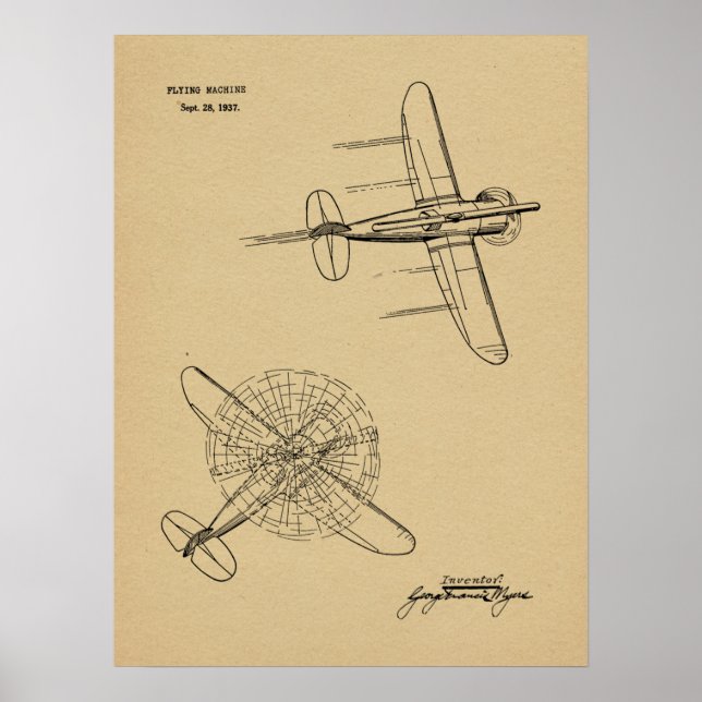 1937 Helicopter Aeroplane Patent Art Drawing Print (Front)